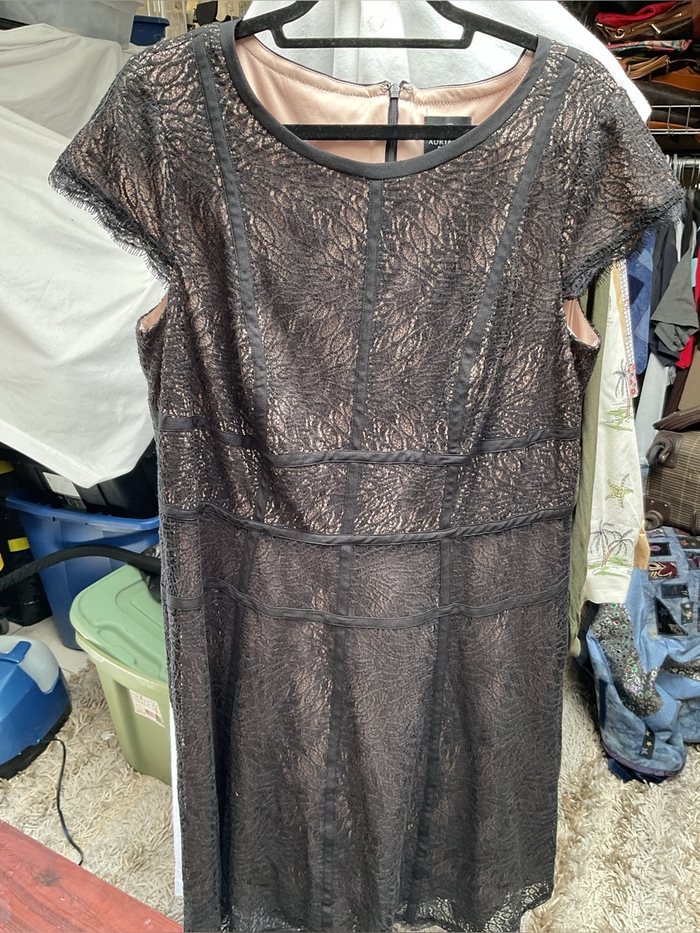 Adrianna Papell Black Lace Midi Dress with Nude Lining